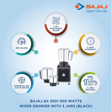 Bajaj Mixer Grinder with 3 Jars GX3501 500 Watts