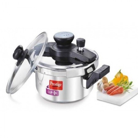 Prestige Clip on Stainless Steel 3 ltr pressure cooker Universal Lid along and glass lid with ladle holder