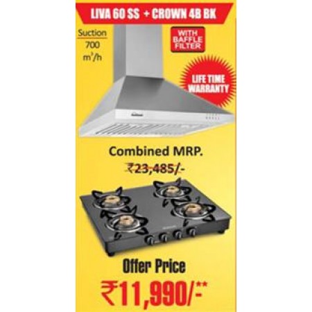 Sunflame Chimney LIVA 60 SS BF + CROWN 4 Burners BK Cooktop Offer