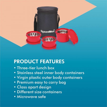 Signoraware Monarch Executive Medium Microsafe Steel Microwave Safe Lunch Box 3 Stainless Steel Containers + Insulated Bag 500ml+350ml+350ml Set Of 3