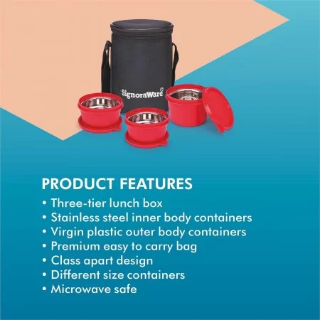 Signoraware Monarch Executive Medium Microsafe Steel Microwave Safe Lunch Box 3 Stainless Steel Containers + Insulated Bag 500ml+350ml+350ml Set Of 3 Signoraware Monarch Executive Medium Microsafe Steel Microwave Safe Lunch Box 3 Stainless Steel Containers + Insulated Bag 500ml+350ml+350ml Set Of 3