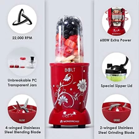 Wonderchef Nutri blend BOLT 600W Mixer Grinder Red Wonderchef Nutri blend BOLT 600W Mixer Grinder Red