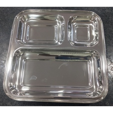 BHOJAN Patra Stainless Steel Square 3 Partition Plate