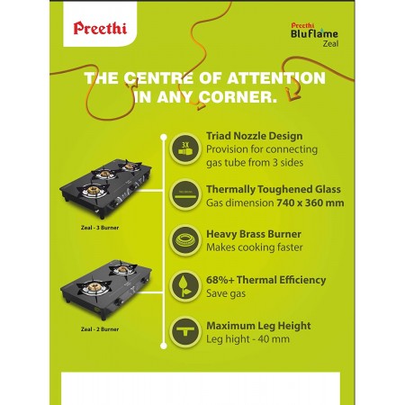 Preethi - GTS123 Zeal Glass Top 2 Burner Gas Stove