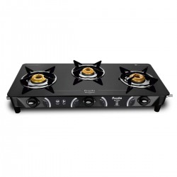 Preethi - GTS124 Zeal Glass Top 3 Burner Gas Stove, Manual Ignition, Black