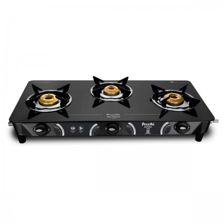 Preethi - GTS124 Zeal Glass Top 3 Burner Gas Stove, Manual Ignition, Black