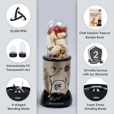 Wonderchef Nutri blend 400W 22000 RPM Mixer Grinder Champagne Blender SS Blade 2 unbreakable Jars 2 Years warranty Wonderchef Nutri blend 400W 22000 RPM Mixer Grinder Champagne Blender SS Blade 2 unbreakable Jars 2 Years warranty