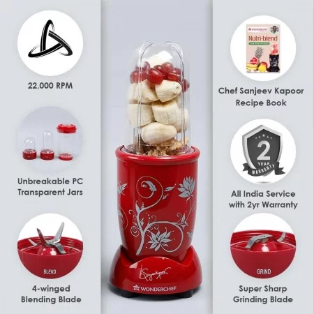 Wonderchef Nutri blend, 400W, 22000 RPM Mixer-Grinder, Blender, SS Blades, 3 Unbreakable Jars, 2 Years Warranty, Red Wonderchef Nutri blend, 400W, 22000 RPM Mixer-Grinder, Blender, SS Blades, 3 Unbreakable Jars, 2 Years Warranty, Red